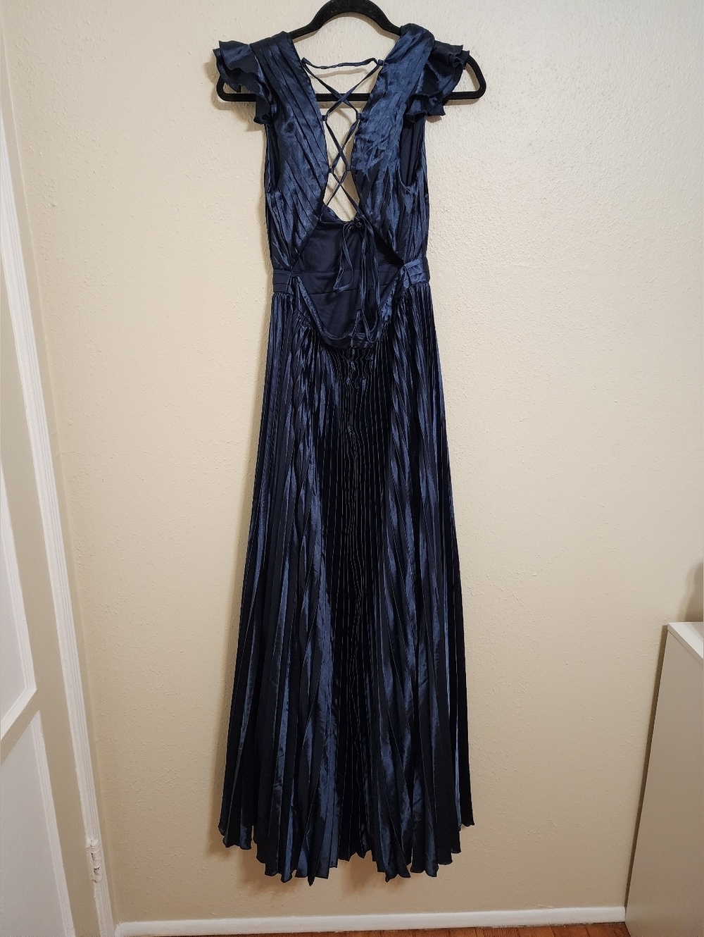 Lulus Exceptional Drama Navy Blue Satin Lace-Up Pleated Maxi Dress S Wedding - Picture 9 of 10